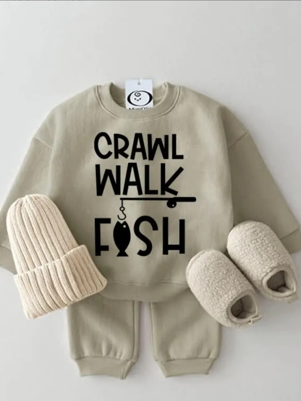 Kids Beige 'Crawl Walk Fish' Sweatshirt & Jogger Set